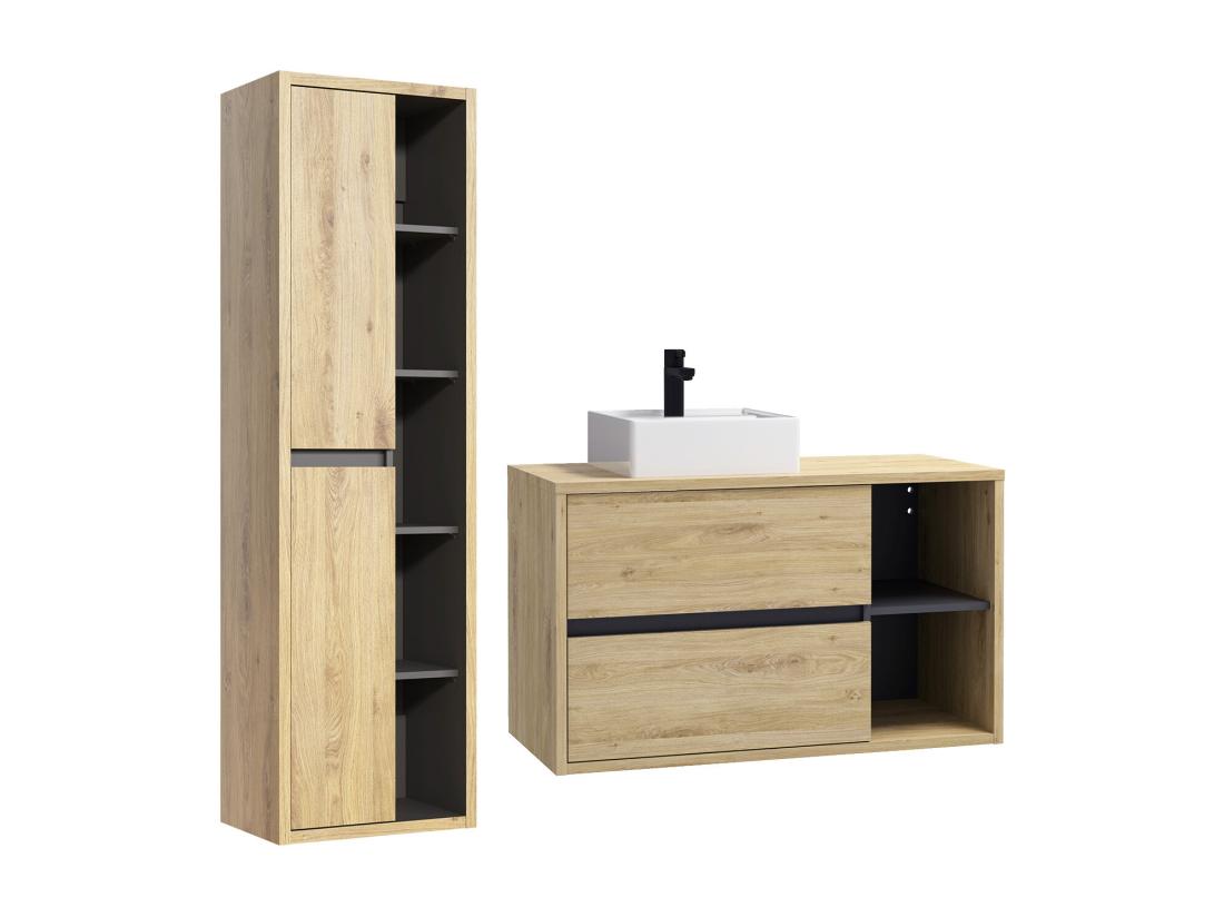 Vente Unique Meuble De Salle De Bain Suspendu Avec Vasque Carrée Et Colonne - Coloris Naturel - 100 Cm - PURNAL