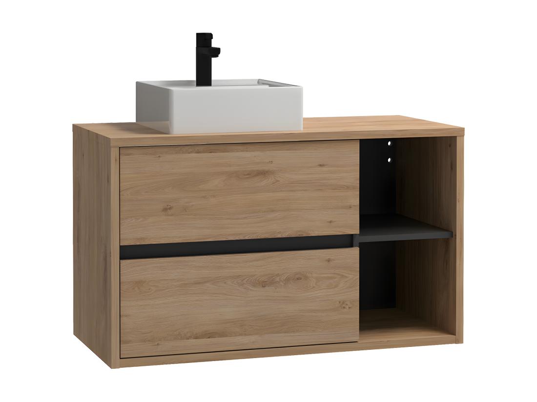 Vente Unique Meuble De Salle De Bain Suspendu Avec Vasque Carrée Et Colonne - Coloris Naturel - 100 Cm - PURNAL