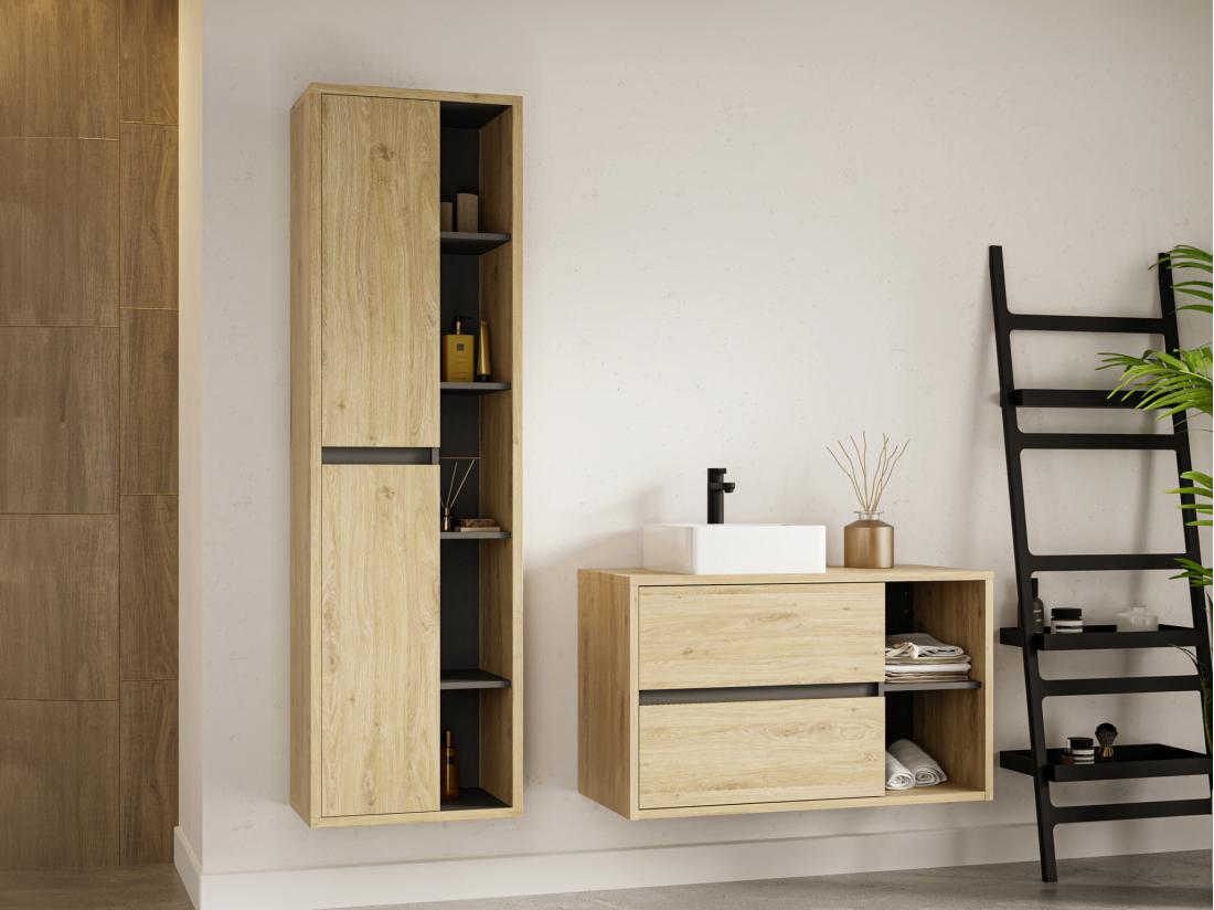 vente unique Meuble de salle de bain suspendu avec vasque carrée et colonne - Coloris naturel - 100 cm - PURNAL