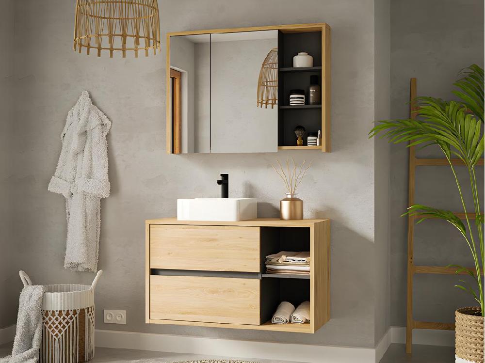 vente unique Meuble de salle de bain suspendu avec vasque carrée et armoire de toilette - coloris naturel - 100 cm - PURNAL