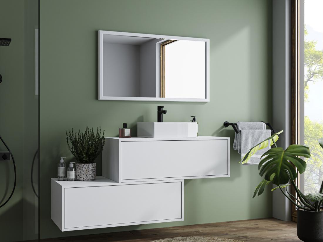 Vente Unique Meuble De Salle De Bain Suspendu Blanc Avec Simple Vasque Carrée Et Deux Tiroirs - 94 Cm - TEANA II