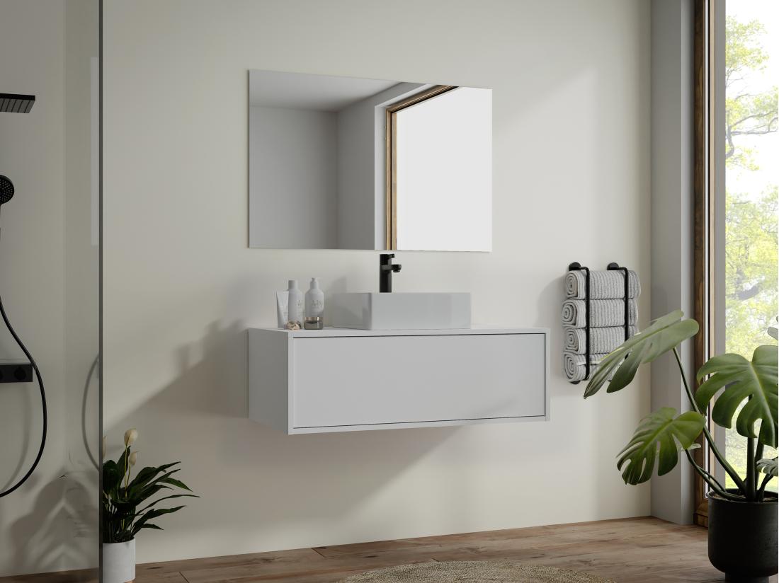 Vente Unique Meuble De Salle De Bain Suspendu Blanc Avec Simple Vasque Carrée - 94 Cm - TEANA II