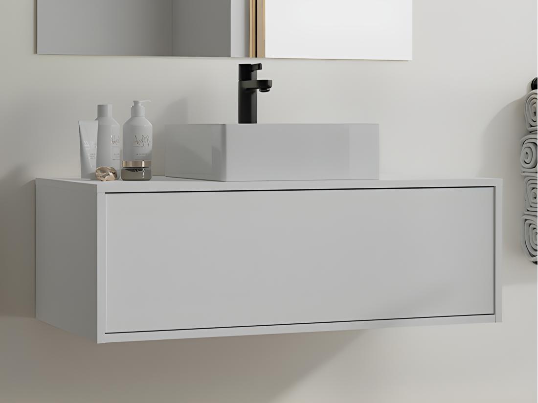 vente unique Meuble de salle de bain suspendu blanc avec simple vasque carrée - 94 cm - TEANA II