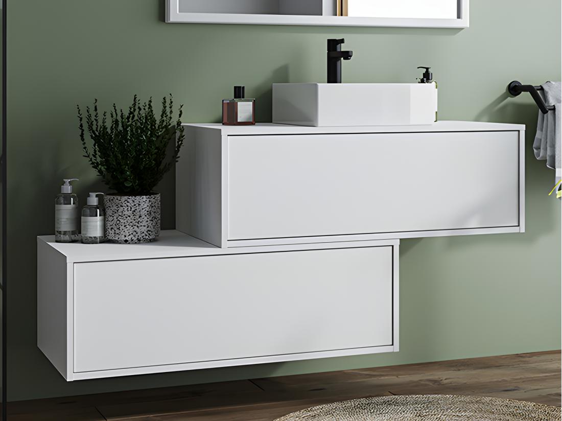 vente unique Meuble de salle de bain suspendu blanc avec simple vasque carrée et deux tiroirs - 94 cm - TEANA II
