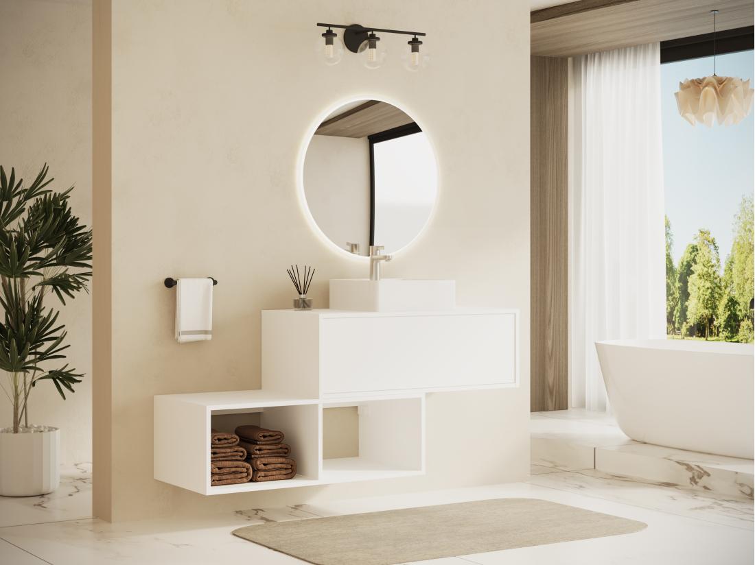 Vente Unique Meuble De Salle De Bain Suspendu Blanc Avec Vasque Carrée - 1 Tiroir Et 2 Niches - 94 Cm - TEANA II