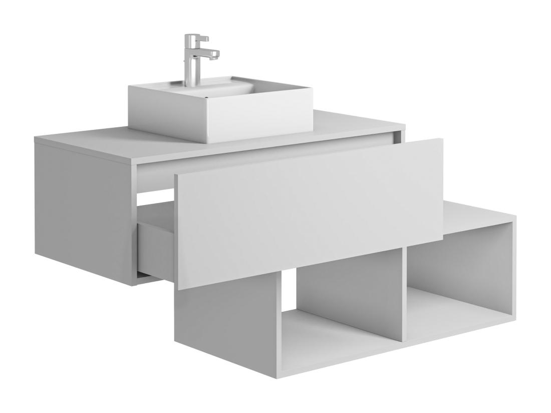 Vente Unique Meuble De Salle De Bain Suspendu Blanc Avec Vasque Carrée - 1 Tiroir Et 2 Niches - 94 Cm - TEANA II