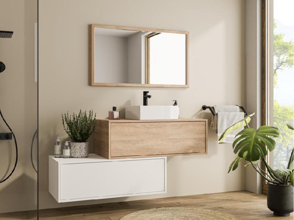Vente Unique Meuble De Salle De Bain Suspendu Blanc Et Naturel Clair Avec Simple Vasque Carrée Et Deux Tiroirs - 94 Cm - TEANA II