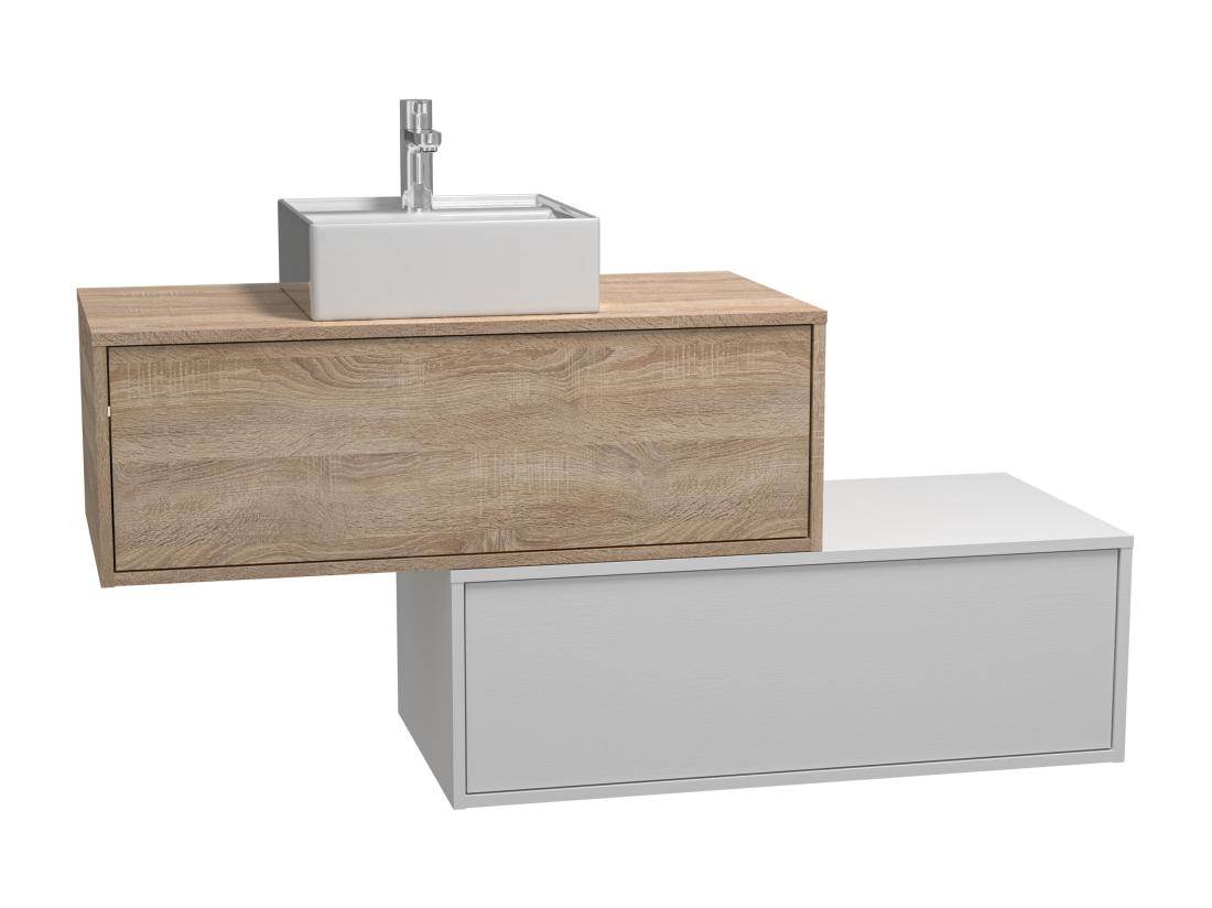 Vente Unique Meuble De Salle De Bain Suspendu Blanc Et Naturel Clair Avec Simple Vasque Carrée Et Deux Tiroirs - 94 Cm - TEANA II