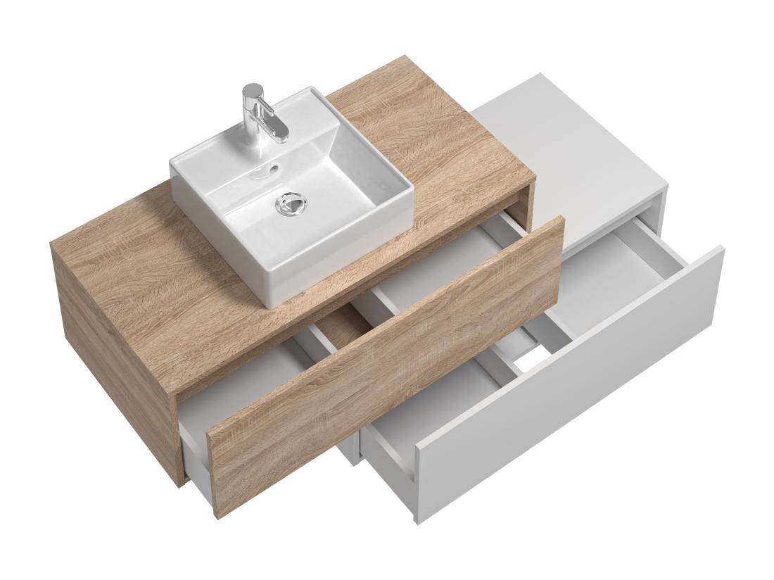 Vente Unique Meuble De Salle De Bain Suspendu Blanc Et Naturel Clair Avec Simple Vasque Carrée Et Deux Tiroirs - 94 Cm - TEANA II