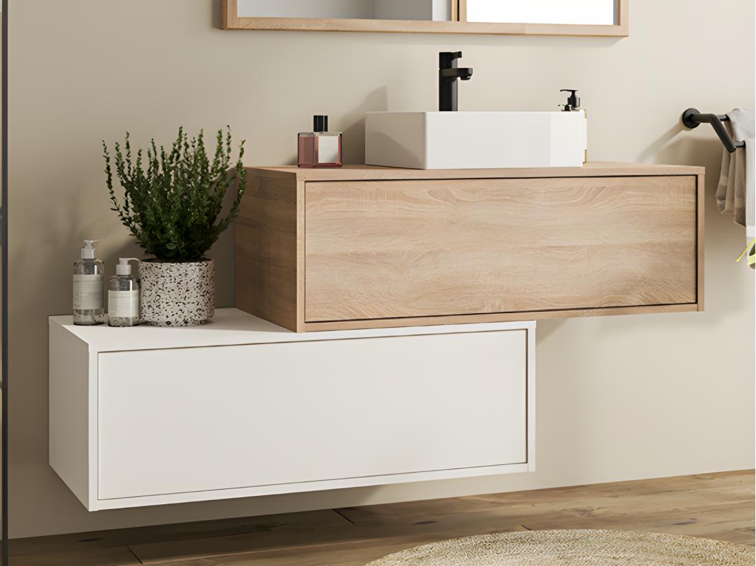 vente unique Meuble de salle de bain suspendu blanc et naturel clair avec simple vasque carrée et deux tiroirs - 94 cm - TEANA II