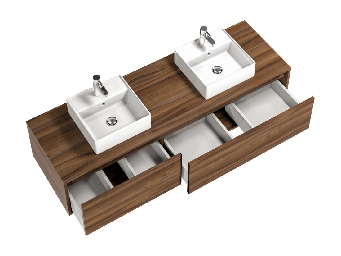 Vente Unique Meuble De Salle De Bain Suspendu Coloris Naturel Foncé Avec Double Vasque - L150 Cm - ISAURE II