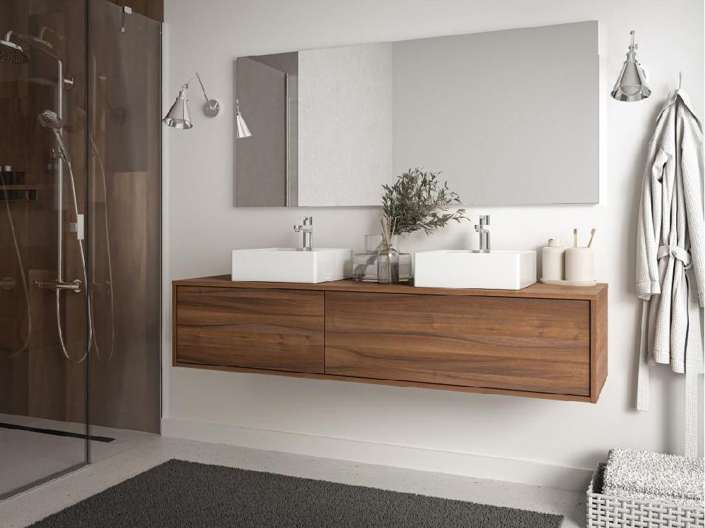 vente unique Meuble de salle de bain suspendu coloris naturel foncé avec double vasque - L150 cm - ISAURE II