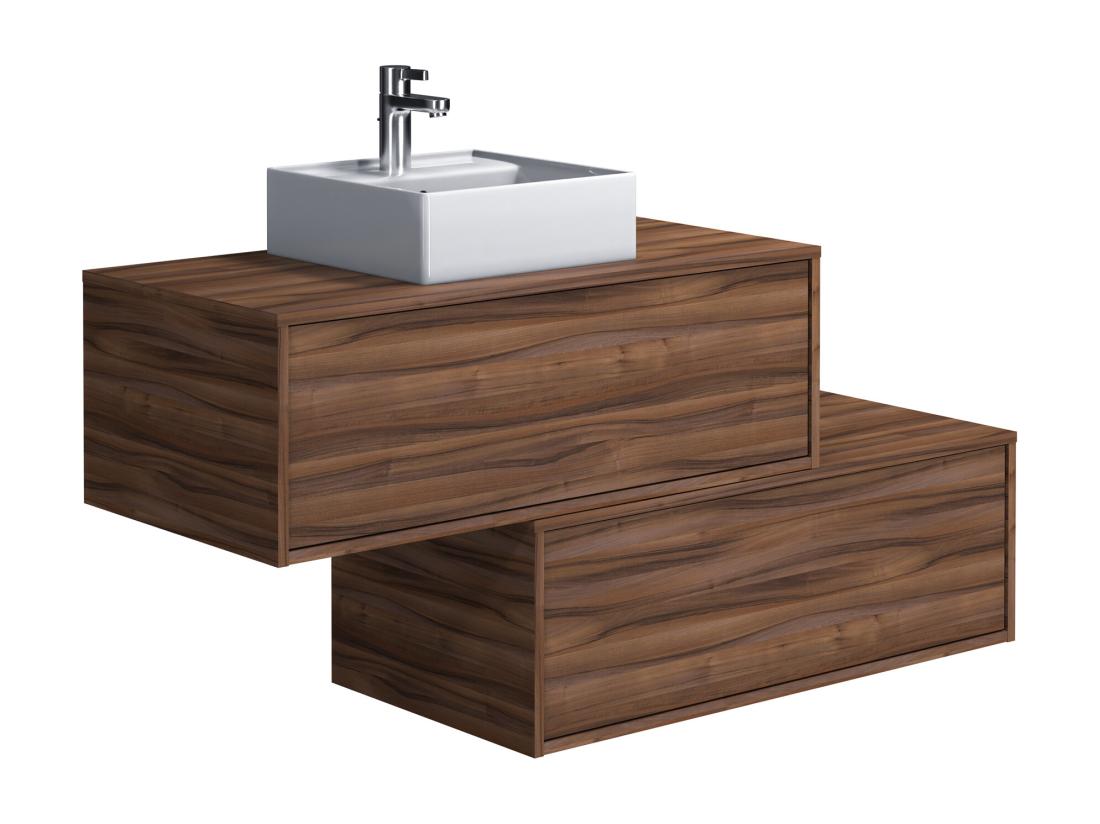 Vente Unique Meuble De Salle De Bain Suspendu Naturel Foncé Avec Simple Vasque Carrée Et Deux Tiroirs - 94 Cm - TEANA II