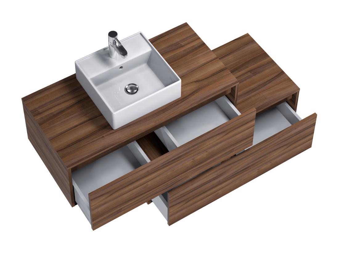 Vente Unique Meuble De Salle De Bain Suspendu Naturel Foncé Avec Simple Vasque Carrée Et Deux Tiroirs - 94 Cm - TEANA II