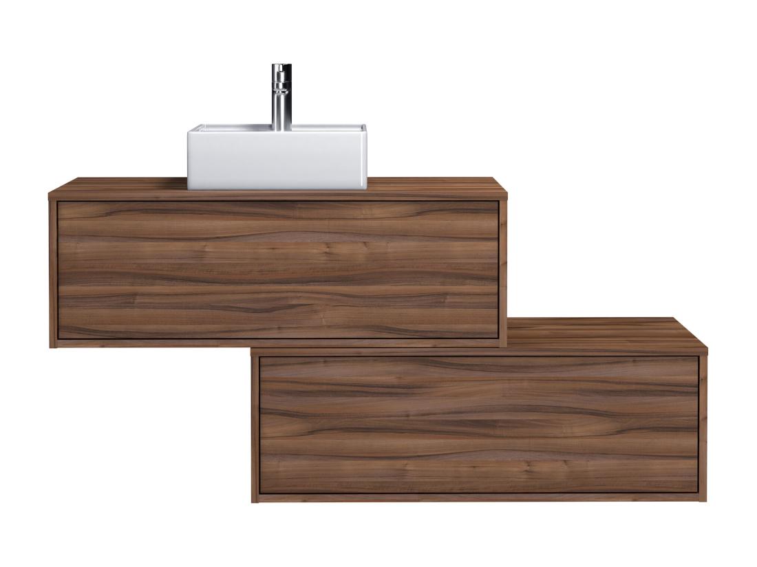 Vente Unique Meuble De Salle De Bain Suspendu Naturel Foncé Avec Simple Vasque Carrée Et Deux Tiroirs - 94 Cm - TEANA II