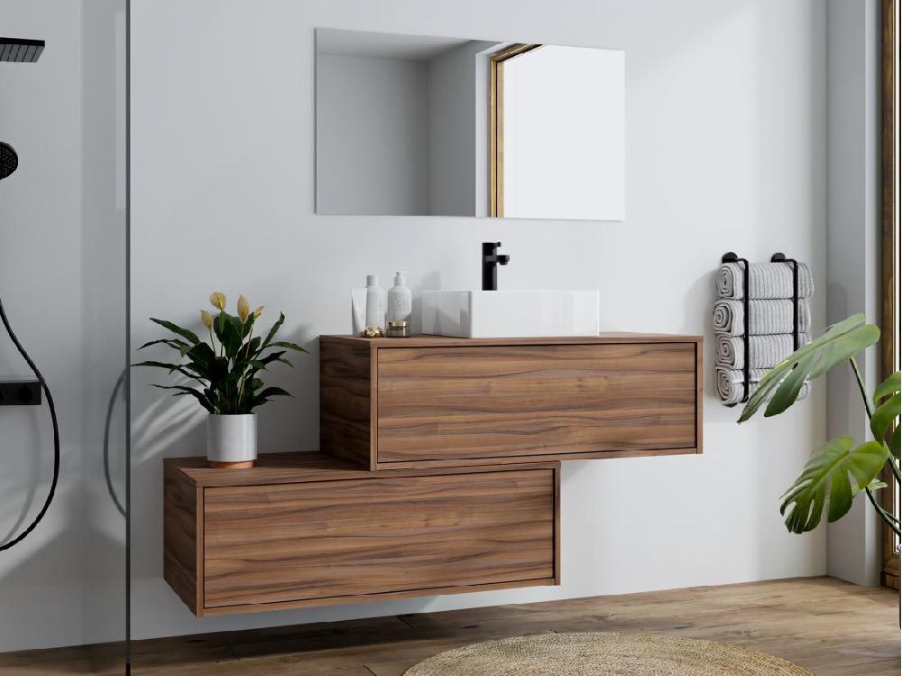 vente unique Meuble de salle de bain suspendu naturel foncé avec simple vasque carrée et deux tiroirs - 94 cm - TEANA II