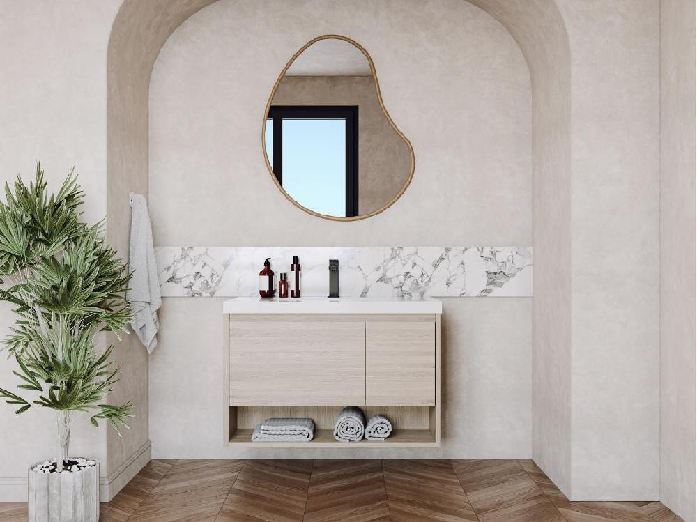 vente unique Meuble de salle de bain suspendu simple vasque coloris naturel clair - 90 cm - PUJUKA