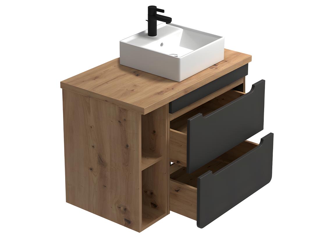 Vente Unique Meuble De Salle De Bain Suspendu Simple Vasque Et Niches - Coloris Naturel Et Anthracite - 80 Cm - ARUBA