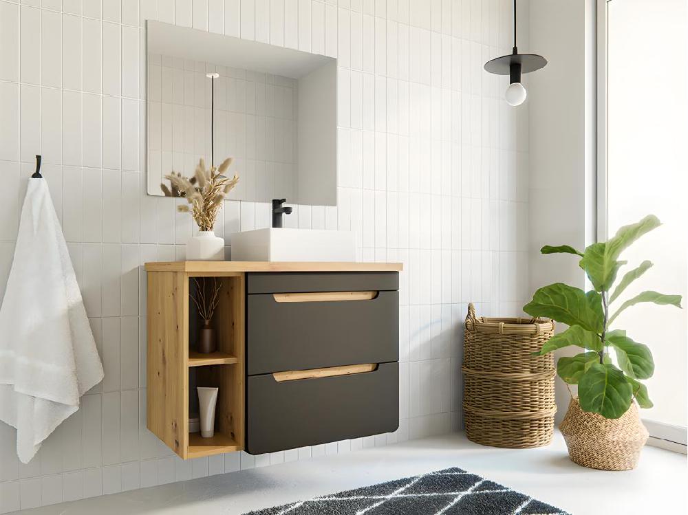 vente unique Meuble de salle de bain suspendu simple vasque et niches - Coloris naturel et anthracite - 80 cm - ARUBA