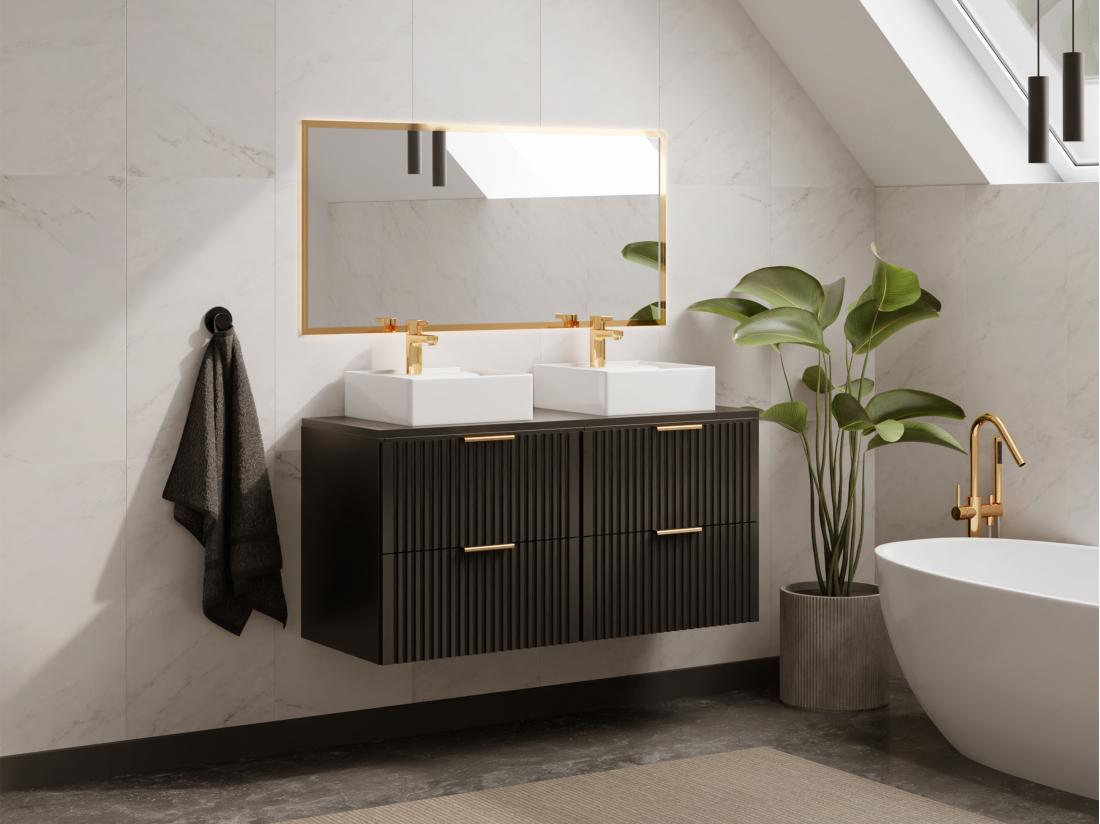 Vente Unique Meuble De Salle De Bain Suspendu Strié Avec Double Vasque à Poser Carrée - Noir - L120 Cm - ZEVARA