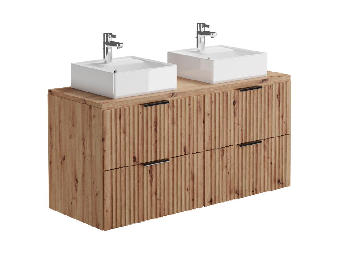 Vente Unique Meuble De Salle De Bain Suspendu Strié Avec Double Vasque à Poser Carrée - Naturel Clair - L120 Cm - ZEVARA