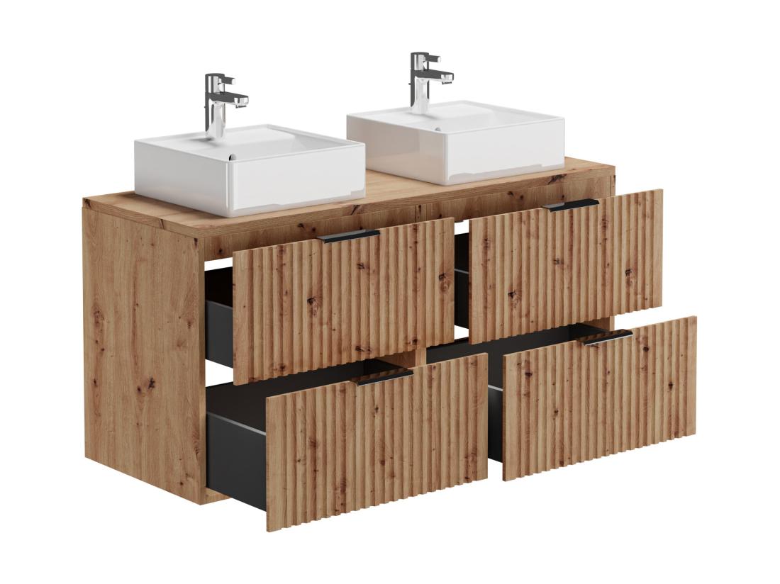 Vente Unique Meuble De Salle De Bain Suspendu Strié Avec Double Vasque à Poser Carrée - Naturel Clair - L120 Cm - ZEVARA