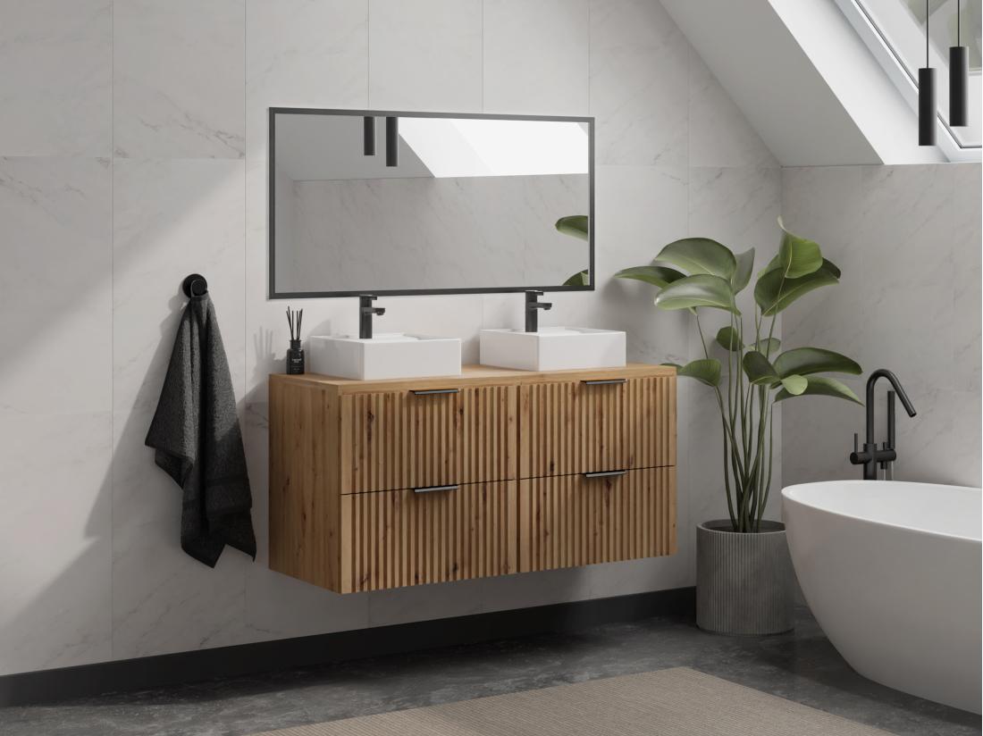 vente unique Meuble de salle de bain suspendu strié avec double vasque à poser carrée - Naturel clair - L120 cm - ZEVARA