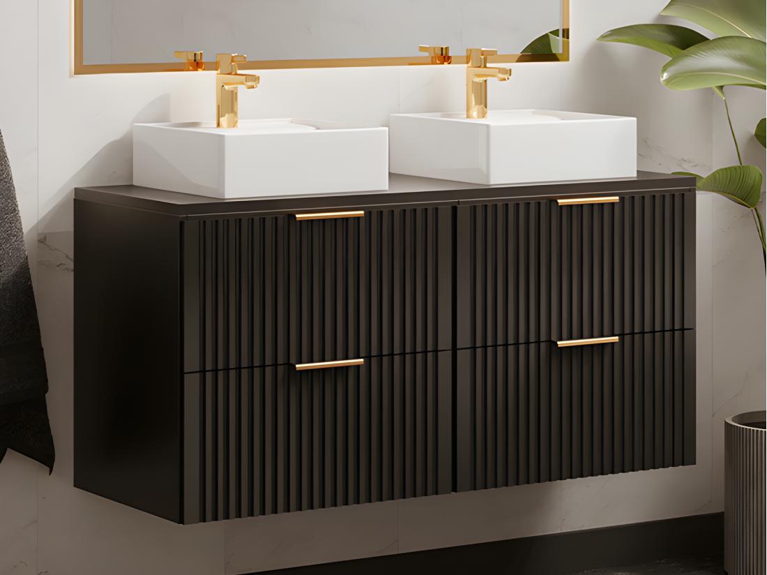 vente unique Meuble de salle de bain suspendu strié avec double vasque à poser carrée - Noir - L120 cm - ZEVARA