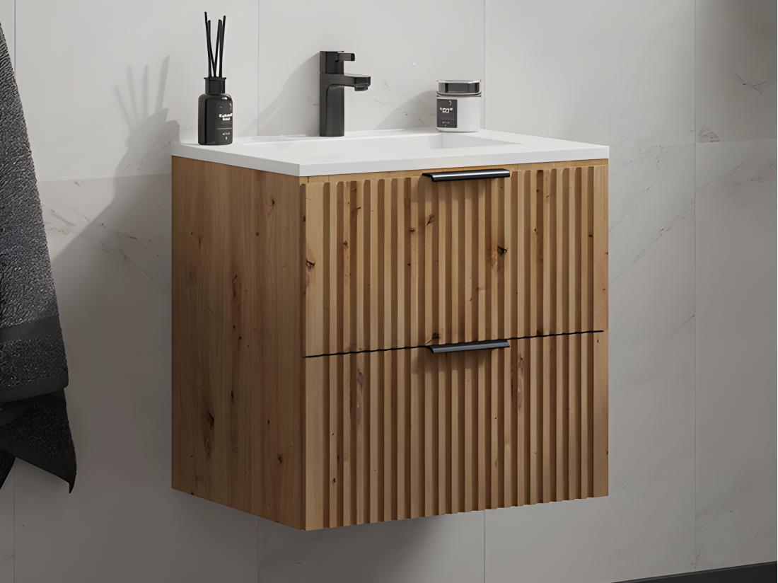 Vente Unique Meuble De Salle De Bain Suspendu Strié Avec Vasque à Encastrer - Naturel Clair - 60 Cm - ZEVARA