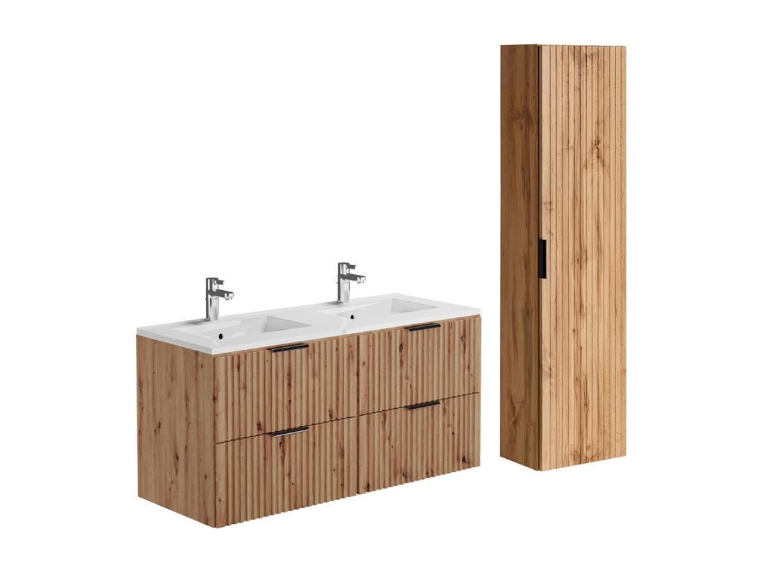 Vente Unique Meuble De Salle De Bain Suspendu Strié Avec Vasque à Encastrer Et Colonne - Naturel Clair - 120 Cm - ZEVARA