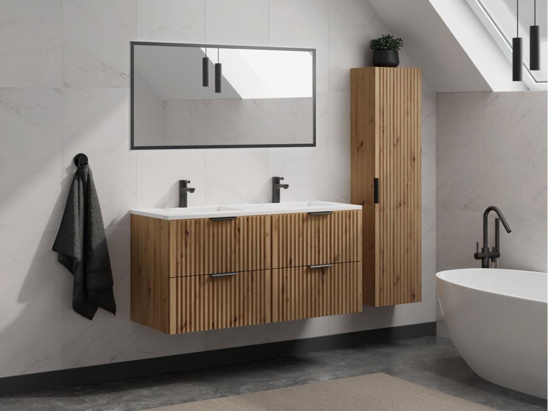 Vente Unique Meuble De Salle De Bain Suspendu Strié Avec Vasque à Encastrer Et Colonne - Naturel Clair - 120 Cm - ZEVARA