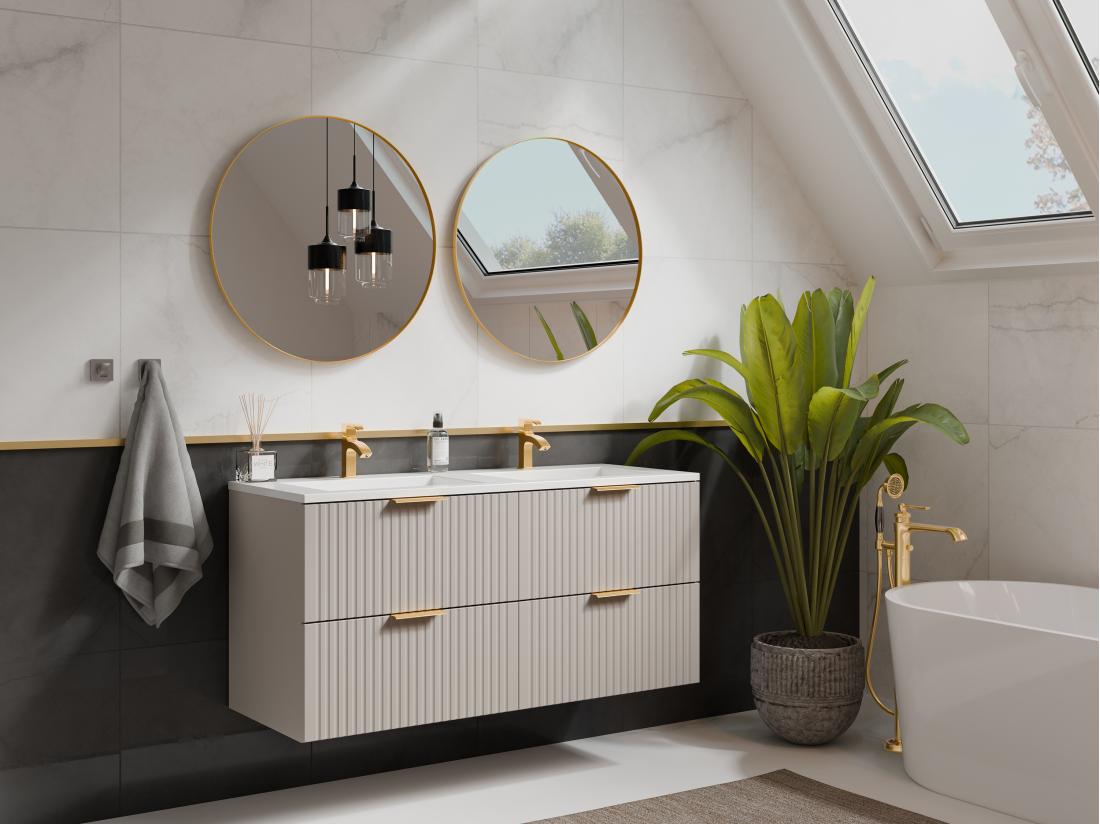 vente unique Meuble de salle de bain suspendu strié avec vasque à encastrer - Beige - 120 cm - ZEVARA