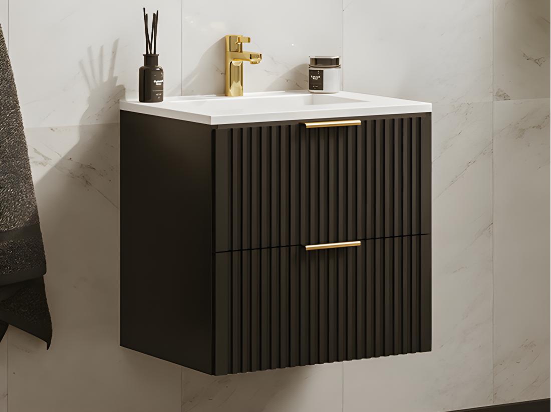 Vente Unique Meuble De Salle De Bain Suspendu Strié Avec Vasque à Encastrer - Noir - 60 Cm - ZEVARA