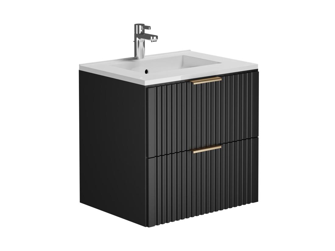 Vente Unique Meuble De Salle De Bain Suspendu Strié Avec Vasque à Encastrer - Noir - 60 Cm - ZEVARA