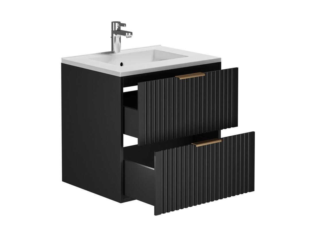 Vente Unique Meuble De Salle De Bain Suspendu Strié Avec Vasque à Encastrer - Noir - 60 Cm - ZEVARA
