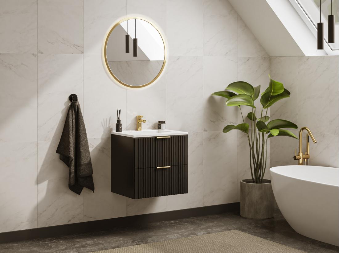 Vente Unique Meuble De Salle De Bain Suspendu Strié Avec Vasque à Encastrer - Noir - 60 Cm - ZEVARA