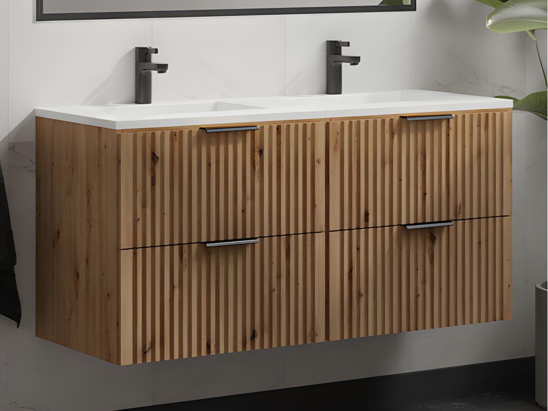 Vente Unique Meuble De Salle De Bain Suspendu Strié Avec Vasque à Encastrer - Naturel Clair - 120 Cm - ZEVARA