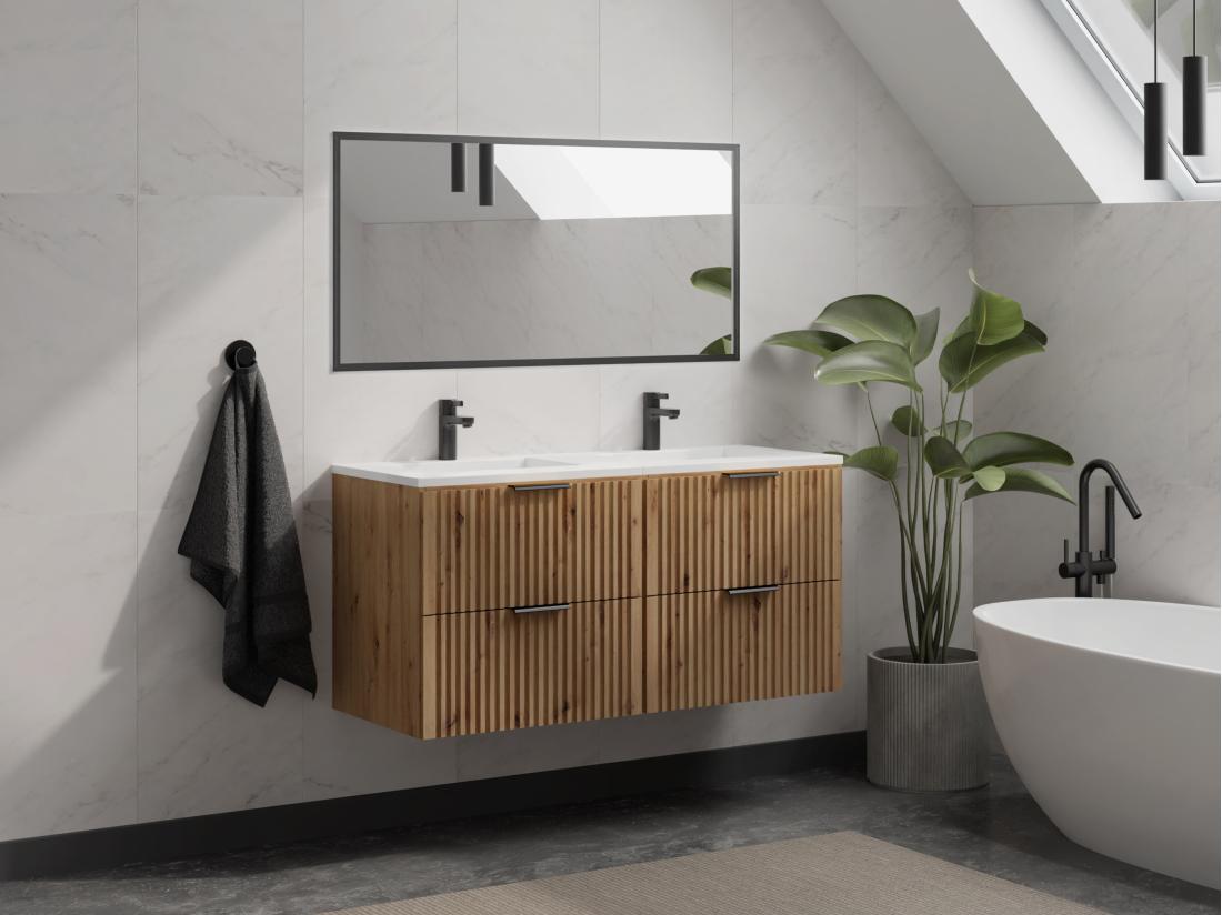 vente unique Meuble de salle de bain suspendu strié avec vasque à encastrer - Naturel clair - 120 cm - ZEVARA