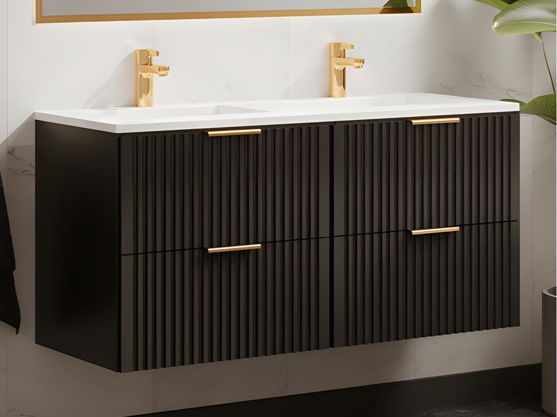Vente Unique Meuble De Salle De Bain Suspendu Strié Avec Vasque à Encastrer - Noir - 120 Cm - ZEVARA