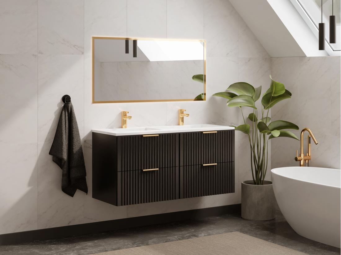 vente unique Meuble de salle de bain suspendu strié avec vasque à encastrer - Noir - 120 cm - ZEVARA