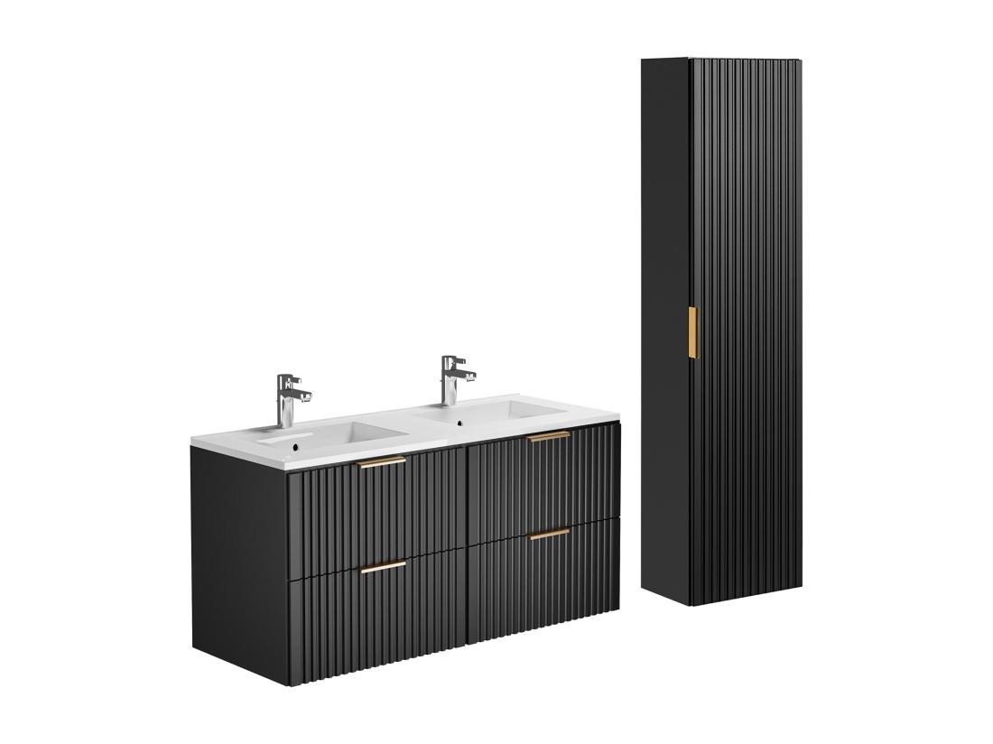 Vente Unique Meuble De Salle De Bain Suspendu Strié Avec Vasque à Encastrer Et Colonne - Noir - 120 Cm - ZEVARA