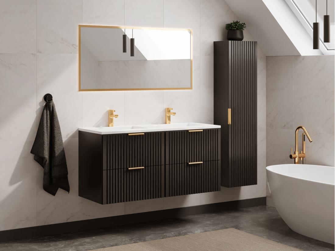 vente unique Meuble de salle de bain suspendu strié avec vasque à encastrer et colonne - Noir - 120 cm - ZEVARA