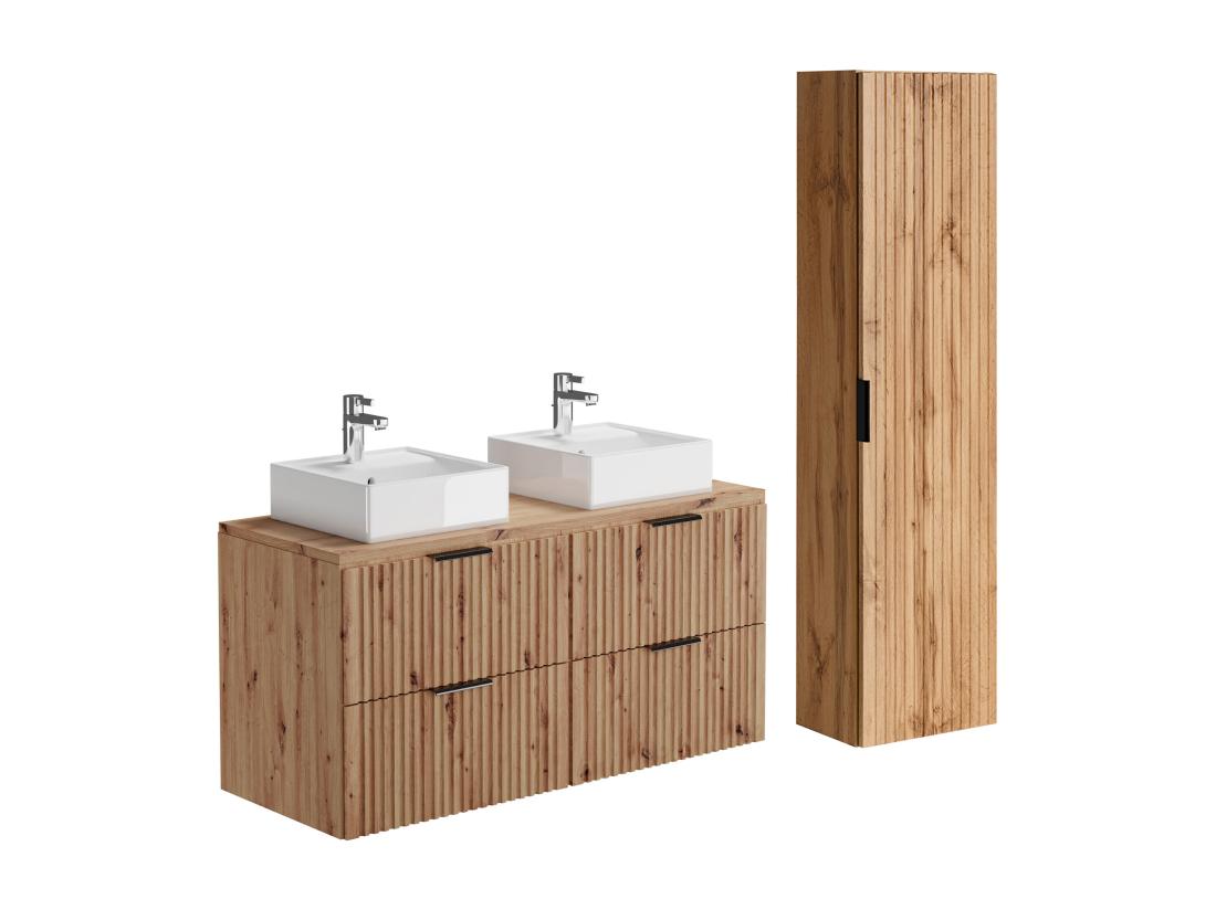 Vente Unique Meuble De Salle De Bain Suspendu Strié Avec Vasque à Poser Et Colonne - Naturel Clair - 120 Cm - ZEVARA