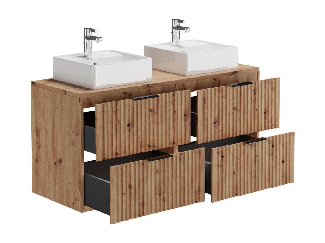 Vente Unique Meuble De Salle De Bain Suspendu Strié Avec Vasque à Poser Et Colonne - Naturel Clair - 120 Cm - ZEVARA