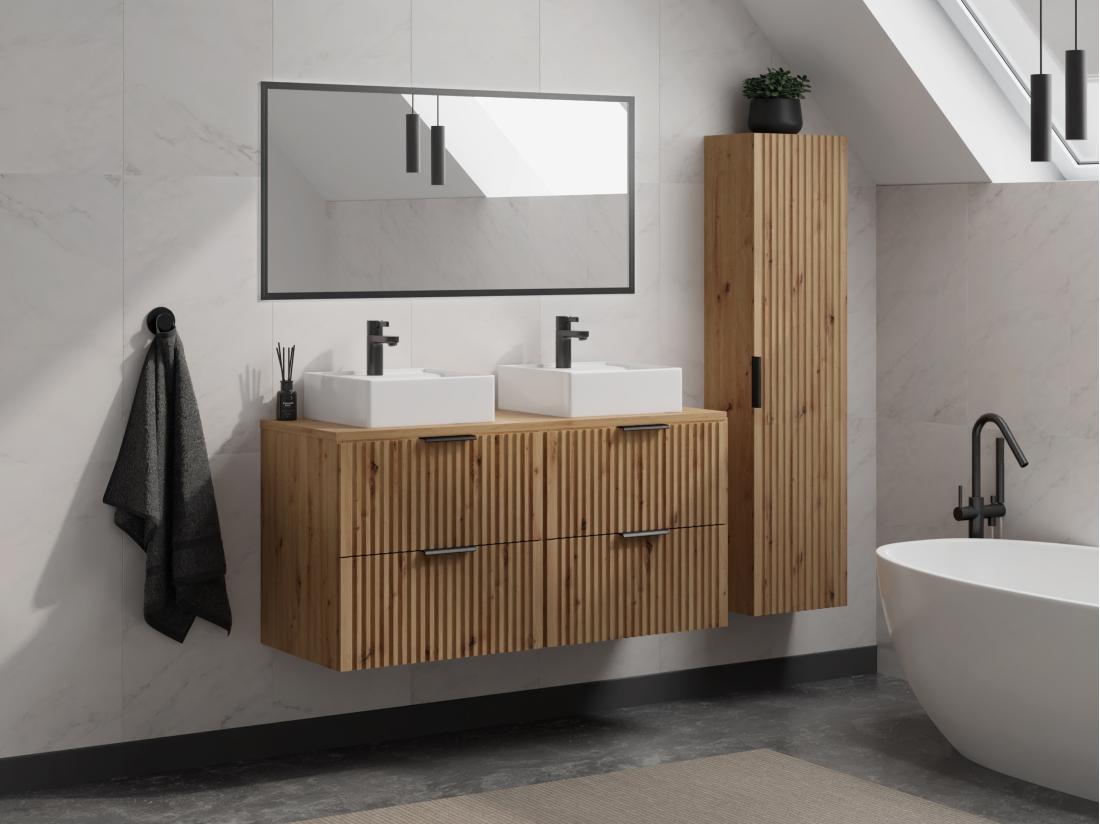 vente unique Meuble de salle de bain suspendu strié avec vasque à poser et colonne - Naturel clair - 120 cm - ZEVARA