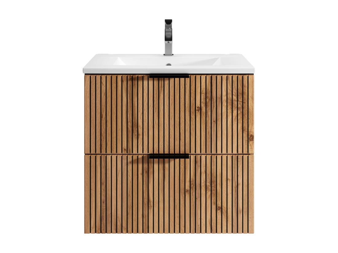 Vente Unique Meuble De Salle De Bain Suspendu Strié Avec Vasque à Encastrer - Naturel Clair Et Noir - 60 Cm - MADELA