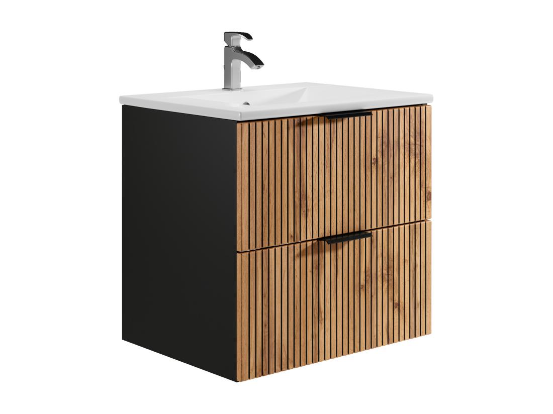 Vente Unique Meuble De Salle De Bain Suspendu Strié Avec Vasque à Encastrer - Naturel Clair Et Noir - 60 Cm - MADELA