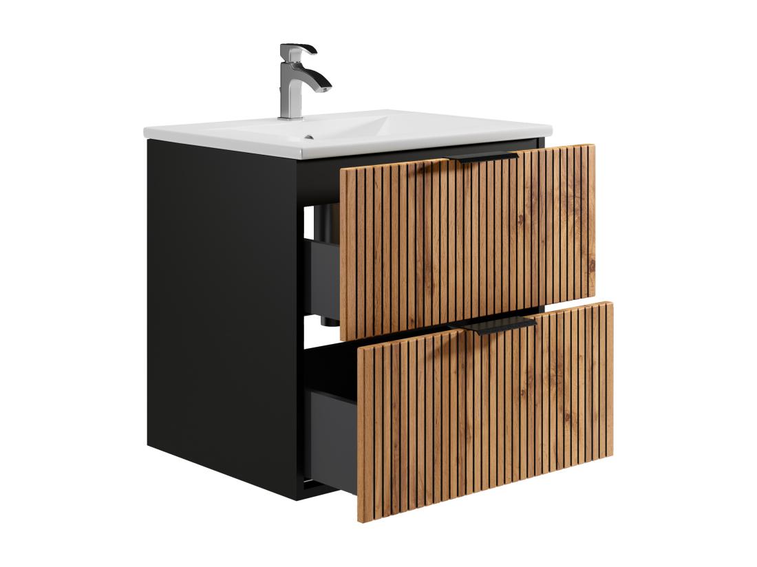 Vente Unique Meuble De Salle De Bain Suspendu Strié Avec Vasque à Encastrer - Naturel Clair Et Noir - 60 Cm - MADELA