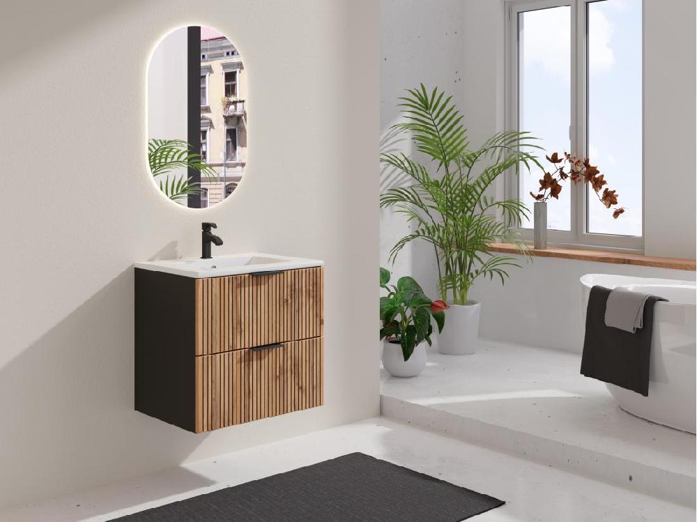 vente unique Meuble de salle de bain suspendu strié avec vasque à encastrer - Naturel clair et noir - 60 cm - MADELA