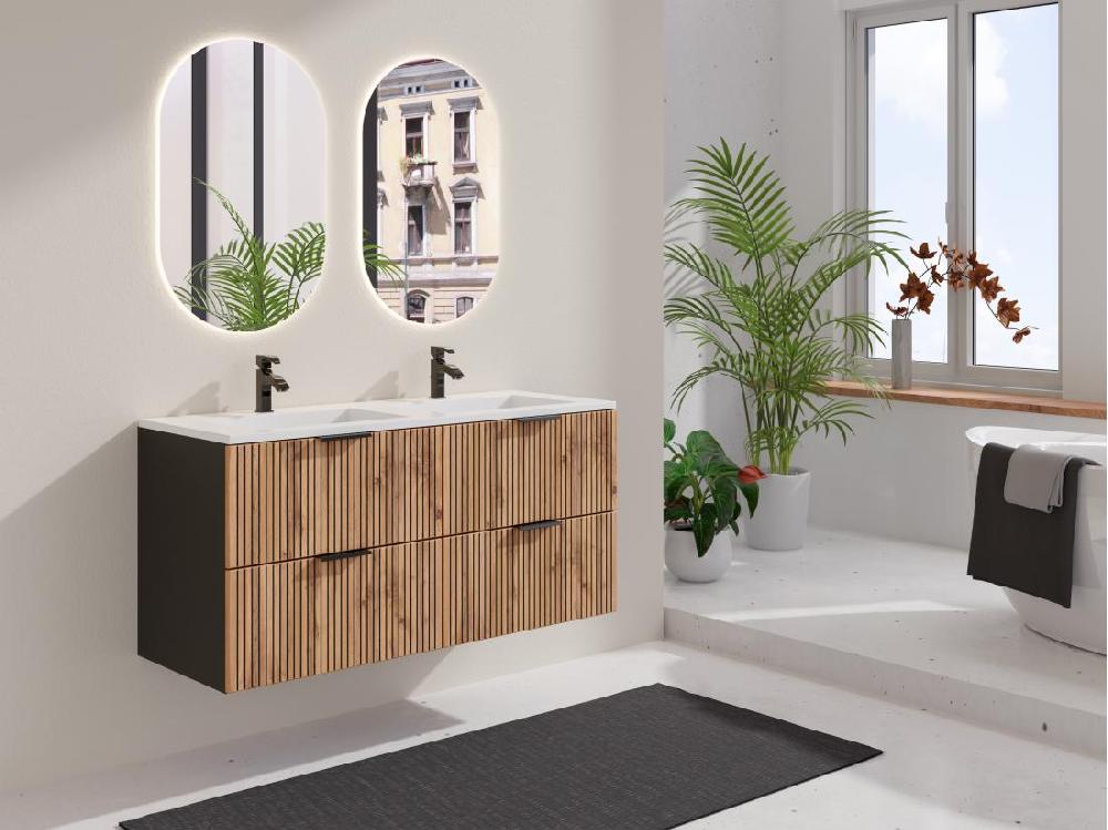 vente unique Meuble de salle de bain suspendu strié avec vasque à encastrer - Naturel clair et noir - 120 cm - MADELA